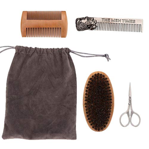 ZJchao Bartpflegeset 4-teilig, Bartwerkzeug Kit Männer mit Bartkamm, doppelseitiger Kamm, scharfe Bartschere aus Edelstahl, Bartbürste und Aufbewahrungstasche, für Vatertag (Set)
