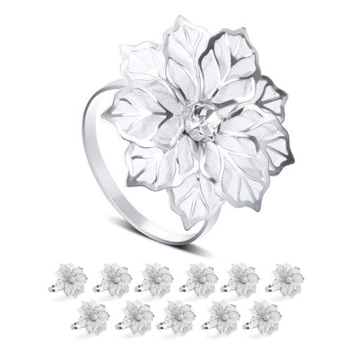 JVHLOV 12 Stück Serviettenringe Silberfarben, Silberfarbener Makramee Servietten Ringe Set mit Strasssteinen, Serviettenschnallen für Hochzeit Tischdeko, Metall Serviettenring mit Ausgehöhlten Blume