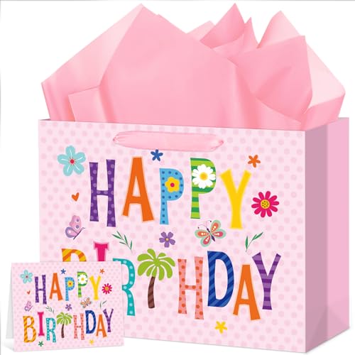 Adecortalk Pink Happy Birthday Gift Bag with Tissue Paper and Greeting Card for Party, Happy Birthday Bags for Girls Women, Flower Gift Paper Bags for Birthday Party Supplies Wrapping Presents