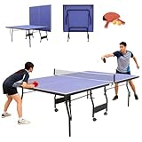 Simpolu 卓球台 国際規格サイズ 折りたたみ 移動キャスター付 ピンポン台 セパレート式 専用ネット付 家庭用 練習用 ピンポンテーブル ピンポン球付 ラケット付 初心者セット 卓球マシーン 室内・室外 収納便利 簡単組立 (ブルー)