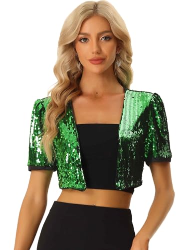 Image of Allegra K Sequin Cardigan for Women Puff Sleeve Open Front Jacket Sparkly Glitter Cropped Shrug Bolero