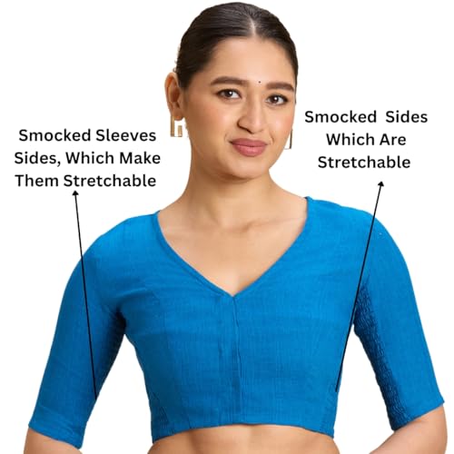 Image of Studio Shringaar Women's Thick Handloom Cotton Plain Side Stretch (Smocked) Readymade Saree Blouse