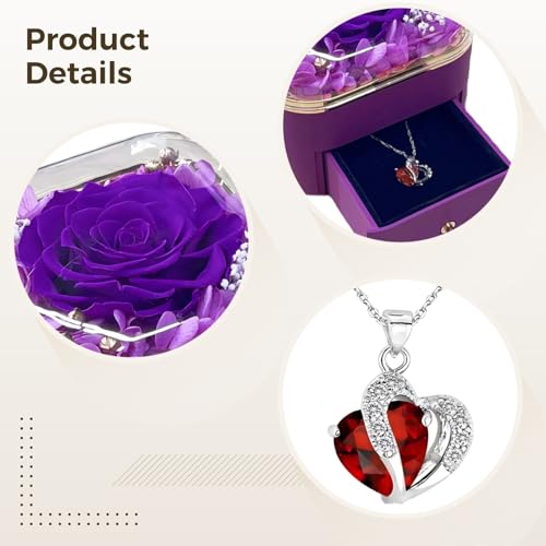 Joyero de rosa eterna morada con collar de corazón de cristal 2