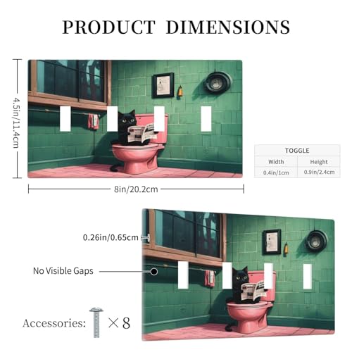Decorative Light Switch Cover Plate Funny Black Cat Newspaper Pink Toilet 4 Gang Wall Plate Oversized Quad Toggle Switch Cover Plate Jumbo Faceplate for Bedroom Decor