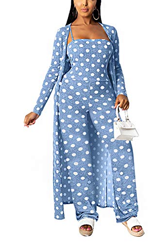 Women 2 Piece Club Outfits Long Sleeve Polka Dots Open Front Cardigan Cover Up + Spaghetti Strap Wide Leg Long Pants Jumpsuit Romper Set Clubwear Blue, XX-Large