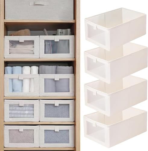 FLYNGO 4 Pcs Linen Wardrobe Organizer for Clothes Organiser Storage Box with Clear Window, Foldable Closet Organiser Basket for Clothing, Jeans, Pants, T Shirts, Toys | 40 x 27 x 17 Centimeters