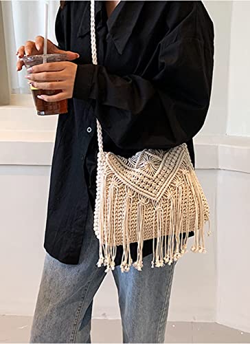 Image of Crossbody Purse for Women Cute Macrame Hobo Satchel Bags Knit Summer Beach Bag Tassels Shoulder Crochet Tote Handbag
