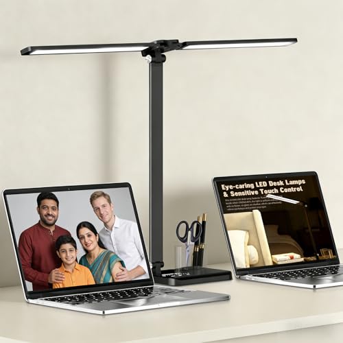 Image of ELEPHANTBOAT Table Lamp for Study Room, LED Study Lamp with Dual Light Bars, Dimmable Eye-Caring Desk Light with 5 Color Modes, USB Study Table Lamp with Pen Holder, Touch Control