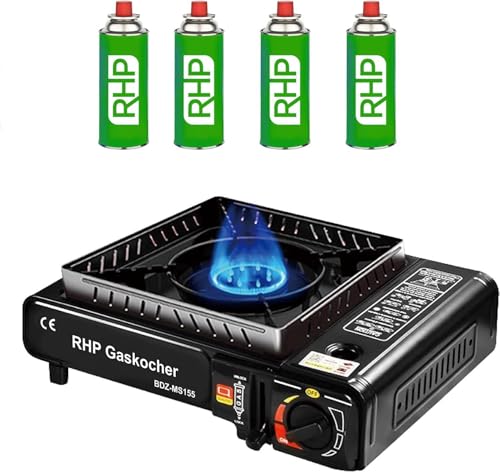 Réchaud à gaz d'extérieur RHP cuisinière de camping I cuisinière à gaz avec 4 cartouches de gaz à baïonnette - avec étui pratique - jusqu'à 30% de consommation de gaz en moins