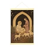 Tema e elementi di design: questa decorazione da parete per presepe presenta un'accattivante raffigurazione di Maria, Giuseppe e Gesù Bambino, circondato da pecore gentili, creando una scena commovente che incarna lo spirito del Natale.