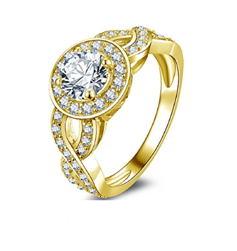 Bague de fiançailles halo en or jaune massif 10K sertie d'un diamant étincelant de 0.8 CT