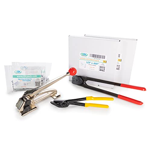 Image of IDL Packaging PRO 1 /2 inch x 500' Steel Strapping Kit, 1100 lbs Break Strength - Professional Grade Tools & Mini Strapping Coils - Enough Strapping and Seals for 250 Uses Before Refill