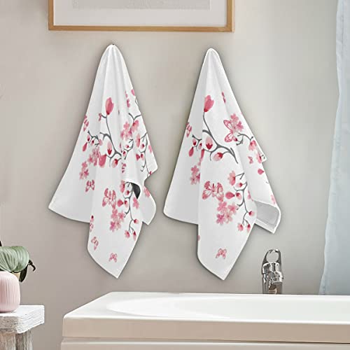 Cherry Blossom Hand Towel Set Of 2 Absorbent Pink Butterfly Floral Bath Towels Soft Cherry Blossoms Flower Fingertip Face Towel For Bathroom Kitchen Hotel Spa Decor Gift 28.3X14.4 Inch #TOP2