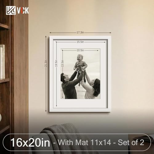 Image of VCK 16x20 Frames 2 Pack, White Wood, 11x14 Mat, Glass, for Picture Poster