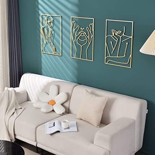 Large Gold Wall Decor Set Of 3, 23.6 X 15.7 Inches Metal Wall Decor Art, Gold Room Decor, Modern Abstract Single Line Female Minimalist Wall Decor For Bedroom, Home Wall Sculptures Accent Decor For Living Room And Bathroom #TOP3