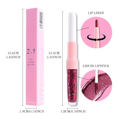 Image of evpct Dark Purple Red Metallic Glitter Lip Liner and Lipstick Combo Lip Gloss Stain Set Makeup for Women Long Lasting Waterproof 24, Non Stick Cup Metal Shine Shimmer Iridescent Liquid Lipstick 26