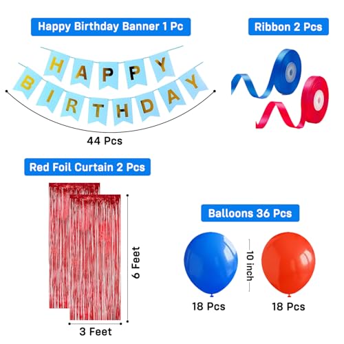 Image of Party Propz Birthday Decoration Kit For Husband - 41 Pcs Happy Birthday Decoration Kit with Red Foil Curtain, Red Balloons, Blue Balloons, Ribbons & Banner (Latex, Foil, Cardstock)
