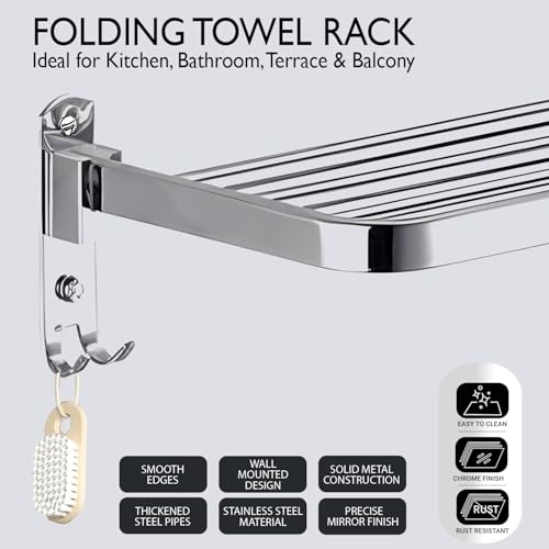 Image of Zureni Folding Towel Rack for Bathroom with Multipurpose Hooks Wall Mount Hanger Bar Shelf Accessories and Fittings Stand Home Kitchen Washroom (Pack of 1, Silver, 1025)