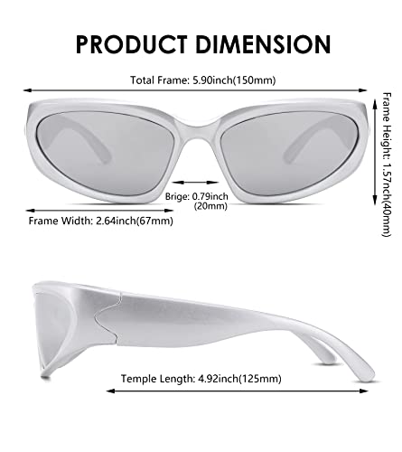Nulooq Wrap Around Sunglasses For Women Men Trendy Fashion Y2K Oval Sport Shades Sun Glasses Uv400 Protection (Silver Frame/Silver Mirrored Lens) #TOP4