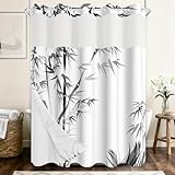 NAEMBCU No Hook Shower Curtain and Snap in Liner Set, Black and White Ink Wash Bamboo Print Shower Curtains for Zen Minimalist Japandi Spa Bathroom, Waterproof Bath Curtain with Mesh Top, 71x74 Inch