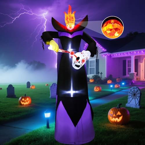 SRKLH 12FT Scary Halloween Inflatables Headless Killer Outdoor Decorations Grim Reaper Holding Skull Dig Out Eyeballs with Flame Light Giant Ghost Blow Up Yard Decoration for Party Garden Lawn Decor