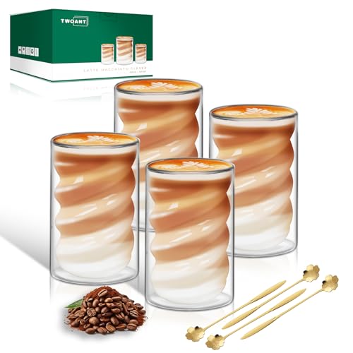 twoant Lot de 4 Tasse Latte Macchiato Double Paroi 400ml Pour Matcha Cappuccino Verres à café en borosilicate résistant aux températures élevées Thé...