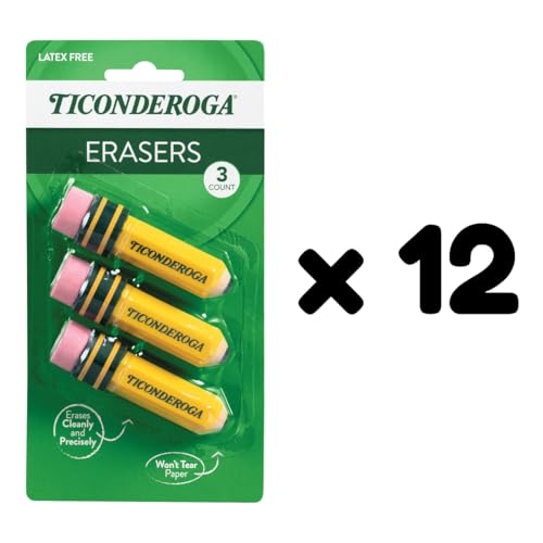 Image of Ticonderoga Pencil Shaped Erasers, 3 Erasers /Pack, 12 Packs | Yellow, 0.75 inch x 2.875 inch, #38953