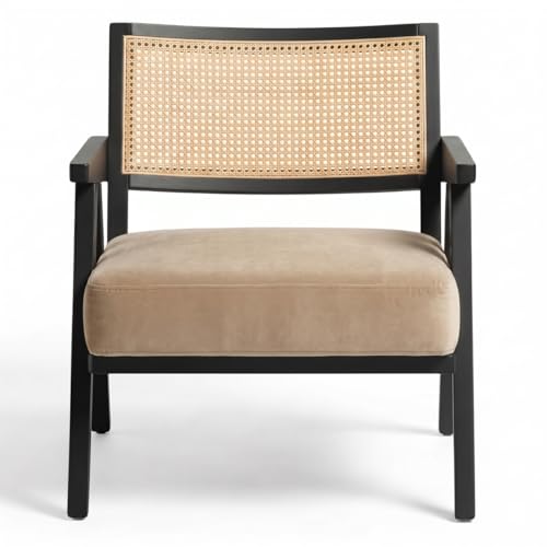 Image of Kingsman Furnitures ABEL Rattan Teak Wood Accent Arm Chair for Home Bedroom, Living, Dining, Drawing Room | Ultra Soft and Comfortable for Stress Free | Removable Cushion (Natural Cane- Beige Velvet)