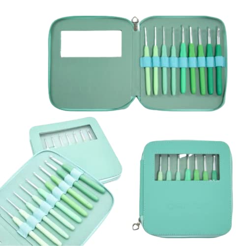 Kit Estojo Agulha Ergonômica para Crochê Soft Cabo Emborrachado Premium - VERDE MINT