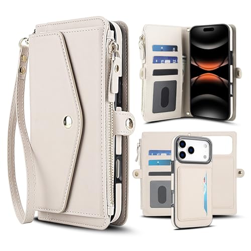 Étui iPhone 17 Pro Max blanc cuir avec fentes magnétiques amovibles RFID