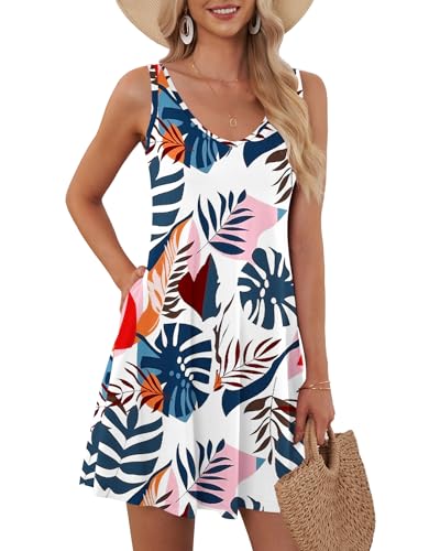 AUSELILY Sommerkleid Damen Ärmellose Strandkleid Leicht Swing Kleid V Ausschnitt Mini Kleid mit Taschen 04 Blauer Wegerich XL