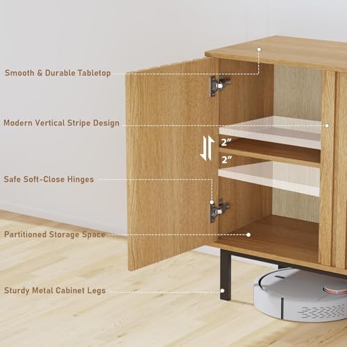 Image of Garvee 47.2 Inch Sideboard Buffet Cabinet with Fluted Doors, Modern Wood Storage Cabinet with Adjustable Shelf, Freestanding Coffee Bar for Dining Room Living Room