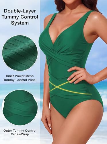 Image of Smismivo Tummy Control Swimsuits for Women Slimming One Piece Bathing Suit Retro Ruched Push Up Vintage Padded Swimwear