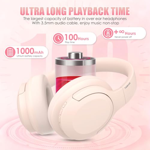 Image of Active Noise Cancelling Headphones, Over-Ear Headphones Pink | Wireless Blutooth Headphones with100H Playtime, Built-in Microphone, Lightweight & Foldable, Deep Bass for Work /Gym /Travel
