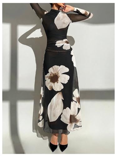 Image of Verdusa Women's Floral Wedding Guest Dress Long Sleeve Mesh Slimming Cocktail Vacation Maxi Dresses