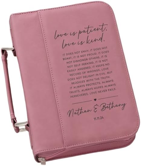 Personalization Universe Love is Patient Engraved Bible Cover - Custom Names & Date, Personalized Faux Leather with Front Pocket and Handle, Zippered Case for Men and Women, 2 Color Options - Pink