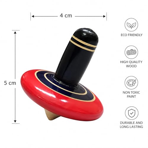 Image of Wooden Spinning Top for Kids, Traditional Handmade Toy, Red and Yellow, Montessori Educational Toy, Birthday Gift for Boys and Girls