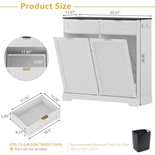 Image of Double 13 Gallon Tilt Out Trash Can Cabinet,Garbage Cabinet with Drawer | Hidden Garbage Storage with Fluted Design, Drawer & Hooks for Kitchen, Dining Room and Small Space Organization,White