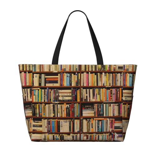 Neat Bookshelf Print Large Capacity Beach Travel Bag For Family, Beach Tote Bag For Women With Zipper Pockets2