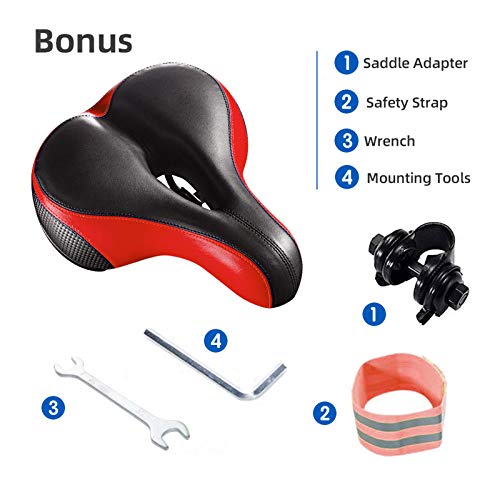BLUEWIND Most Comfortable Bicycle Seat, Bike Seat Replacement with Dual Shock Absorbing Ball Wide Bike Seat Memory Foam Bicycle Gel Seat with Mounting Wrench (Red) - Thumbnail 4