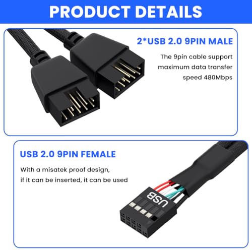 Image of ZORBES USB Internal Header Extension Cable, USB 2.0 /3.0 Motherboard Extension Cord for Front Panel & Internal Device Connection, 15cm No Tangle Nylon Braided Cord