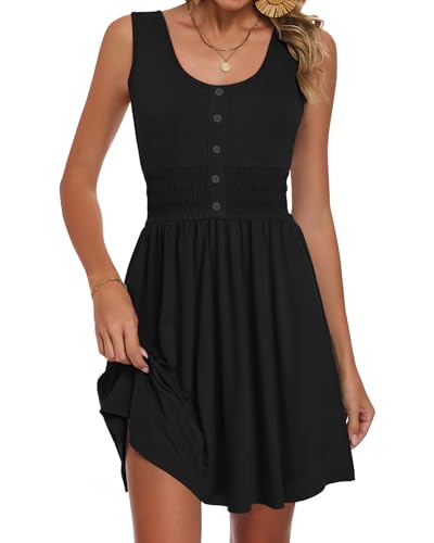 AUSELILY Womens Elastic Empire Waist Smocked Dress Black L