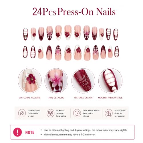 Image of Secret Lives 2D White,Wine Flowers, Glossy Almond Fake Nails, French Tip & Gold Stone Accents Artificial Nail Art, 24-Piece Set with Kit