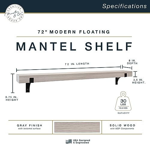 Image of Master & Co. Modern Floating Fireplace Mantel with Black Metal Brackets, Long Floating Shelves for Wall Decor, 72 inches, Gray Woodgrain