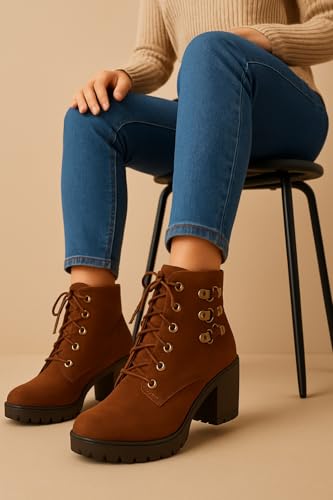 Image of Women's Ankle Boots | Stylish & Trendy Lace Up Design Fashion High Ankle Chelsea Boot with Heel | Durable Suede Leather Stylish Block Heeled Western Boots For Girls & Women