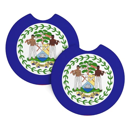 Lot De 2 sous-Verres pour Voiture Panneau du Drapeau du Belize Porte-Gobelet pour Boissons Absorbant Antidérapants Thé De Verre, pour SUV, Camion, Faire La Fête, 6.9cm