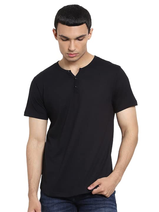 Image of LAZYCHUNKS Regular Fit Solid Henley Half Sleeve Tshirt for Men