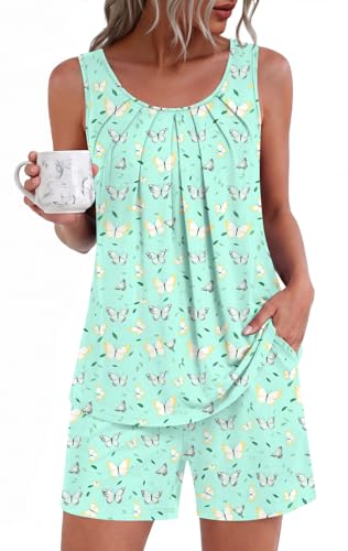 HOTGIFT Womens Pajamas Sets Sleeveless 2 Piece Pjs Sets Summer Casual Lounge Sleepwear with Pockets Green Butterfly X-Large