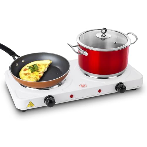 Portable Hot Plate, 2000W Double Electric Burner Portable Dual Counter Stove Countertop Hot Plate Kitchen Cooker Stove with 5 Gear Temperature Control for Camping Outdoor Indoor, White
