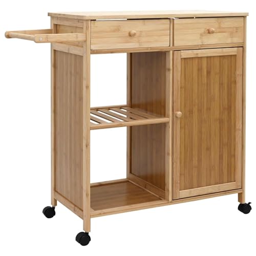 Teenpull Natural Bamboo Kitchen Trolley on Wheels, 90.5 x 36 x 86.5 cm, Mobile Trolley with Ample Storage and 2 Doors, Compact Side Trolley for Kitchen and Dining Room with Sturdy Wood